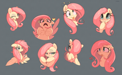 Size: 3578x2214 | Tagged: safe, artist:nookprint, fluttershy, pegasus, pony, ..., :p, bed mane, bedroom eyes, blushing, bust, chest fluff, circling stars, coffee, crying, cute, derp, dizzy, female, floating heart, floppy ears, folded wings, heart, heartbreak, lidded eyes, looking at you, mare, messy mane, mug, open mouth, shyabetes, simple background, tired, tongue out, wing hands, wings