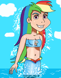 Size: 608x776 | Tagged: safe, artist:ocean lover, rainbow dash, human, mermaid, g4, 20% cooler, awesome, bandeau, bare shoulders, belly button, clothes, cloud, confident, cutie mark on clothes, female, grin, human coloration, humanized, jumping, long hair, looking at you, magenta eyes, mermaidized, midriff, ms paint, multicolored hair, ocean, rainbow hair, shiny skin, sky, sleeveless, smiling, smiling at you, solo, species swap, splash, tomboy, water
