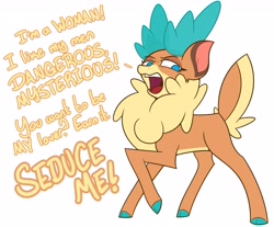 Size: 4096x3386 | Tagged: safe, artist:mrneo, velvet (tfh), deer, reindeer, them's fightin' herds, chest fluff, cloven hooves, colored hooves, colored pinnae, community related, doe, ear markings, expiration date, female, looking at you, no pupils, open mouth, pale belly, quote, raised hoof, seduce me, side view, simple background, solo, spy, spy (tf2), talking to viewer, team fortress 2, white background