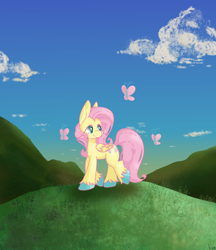 Size: 1000x1157 | Tagged: safe, artist:pagophasia, derpibooru exclusive, fluttershy, butterfly, pegasus, pony, g4, cloud, colored hooves, day, eye reflection, female, full body, grass, hill, impossibly long eyelashes, looking at something, looking back, reflection, sky, smiling, solo, unshorn fetlocks, walking, wings