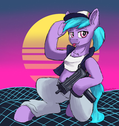 Size: 2476x2612 | Tagged: safe, artist:reddthebat, azure velour, earth pony, pony, g4, clothes, female, gun, hat, high res, jacket, mac-11, mare, retrowave, shirt, solo, submachinegun, synthwave, tongue out, weapon