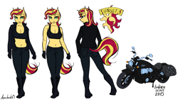 Size: 2560x1440 | Tagged: safe, artist:apocheck13, sunset shimmer, unicorn, anthro, breasts, cleavage, clothes, cutie mark, female, helmet, jacket, midriff, motorcycle, motorcycle helmet, reference sheet, simple background, solo, white background