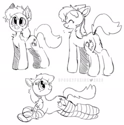 Size: 2033x2048 | Tagged: safe, artist:spookyfoxinc, berry punch, berryshine, earth pony, pony, g4, clothes, eyes closed, high res, monochrome, sketch, smiling, socks, solo, striped socks