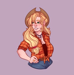 Size: 2609x2630 | Tagged: safe, artist:rubimlp6, applejack, human, g4, applejack's hat, belt, clothes, cowboy hat, cute, denim, ear piercing, earring, female, flannel, freckles, grin, hat, high res, humanized, jackabetes, jeans, jewelry, pants, piercing, purple background, ring, shirt, simple background, smiling, solo, stetson, straw in mouth, tank top