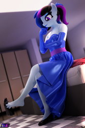Size: 2560x3840 | Tagged: safe, artist:shadowboltsfm, oc, oc:maple cake, anthro, plantigrade anthro, 3d, beautiful, bed, bedroom, blender, breasts, clothes, crossed legs, dress, evening gloves, eyeshadow, feet, female, gloves, high res, legs, lipstick, long gloves, makeup, not sfm, ponytail, shoe dangling, sitting, smiling, solo, wedge heel
