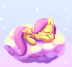 Size: 1110x1024 | Tagged: safe, artist:kukie, fluttershy, pegasus, pony, g4, cloud, cute, eyes closed, female, filly, filly fluttershy, foal, folded wings, hair over one eye, hooves, lying down, on a cloud, prone, shyabetes, sky, sleeping, solo, stars, wings, younger