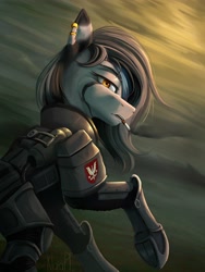 Size: 3000x4000 | Tagged: safe, artist:klarapl, oc, oc only, oc:kwato zinazocheze, zebra, fallout equestria, abstract background, armor, cigarette, ear piercing, earring, emblem, eyepatch, fallout, female, high res, jewelry, looking at you, mare, piercing, power armor, smoking, solo, zebra oc