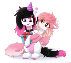 Size: 3675x3240 | Tagged: safe, artist:ev04ka, artist:ev04kaa, oc, oc only, oc:latandra sweetberry, oc:lunylin, pegasus, pony, birthday, collar, colored belly, colored ears, colored eartips, colored hooves, darker belly, duo, eye clipping through hair, eyebrows, eyebrows visible through hair, facial markings, female, hat, heterochromia, high res, mare, open mouth, party hat, pegasus oc, present, reverse countershading, simple background, sitting, white background, yellow sclera
