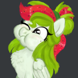 Size: 1280x1280 | Tagged: safe, artist:sjart117, oc, oc only, oc:watermelana, pegasus, pony, chest fluff, female, freckles, gray background, mare, one eye closed, pegasus oc, puffy cheeks, scrunchy face, simple background, solo