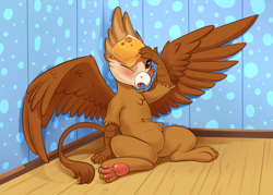 Size: 2535x1818 | Tagged: safe, artist:kittytitikitty, oc, oc only, oc:suban, griffon, cheese, cheese slap, food, griffon oc, paw pads, paws, sliced cheese, underpaw