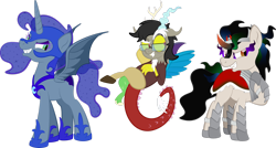 Size: 1920x1030 | Tagged: safe, artist:alexdti, discord, king sombra, nightmare moon, oc, oc:brainstorm (alexdti), oc:purple creativity, oc:star logic, g4, armor, cloak, clothes, costume, simple background, transparent background