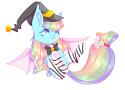 Size: 1996x1438 | Tagged: safe, artist:prettyshinegp, oc, oc only, bat pony, pony, bat pony oc, bat wings, bowtie, clothes, ear fluff, female, hat, mare, multicolored hair, rainbow hair, simple background, socks, solo, spread wings, striped socks, transparent background, underhoof, wings, witch hat