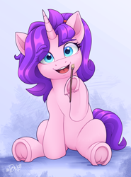 Size: 2300x3100 | Tagged: safe, artist:rivin177, oc, oc only, oc:rivin, pony, unicorn, blue eyes, brush, ears, female, frog (hoof), high res, holding, hoof hold, hoofbutt, hooves, horn, mare, open mouth, ponytail, simple background, sitting, solo, underhoof, unicorn oc