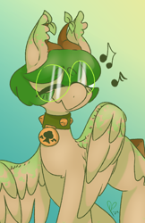 Size: 754x1164 | Tagged: safe, artist:pagophasia, derpibooru exclusive, oc, oc only, oc:hortis culture, hybrid, pony, blushing, collar, dancing, ear tufts, eyes closed, glasses, gradient background, horns, humming, leaf, music notes, nonbinary, round glasses, smiling, solo, wings