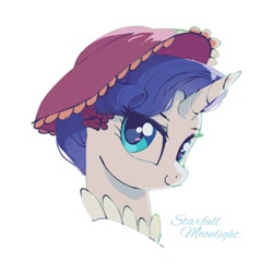 Size: 1080x1080 | Tagged: safe, artist:starfallmoonlight, rarity, pony, unicorn, g4, bust, female, hat, horn, looking at you, mare, simple background, smiling, solo, white background