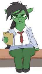 Size: 441x764 | Tagged: safe, artist:jargon scott, oc, oc only, oc:anon-mare, earth pony, pony, clipboard, clothes, ears back, earth pony oc, female, frown, hoof hold, lipstick, looking at you, mare, necktie, office lady, simple background, skirt, solo, suit, upskirt, white background