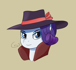 Size: 2192x2008 | Tagged: safe, artist:cristi444n, rarity, pony, unicorn, g4, beige background, blue eyes, detective, detective rarity, hat, high res, short hair, short mane, simple background, solo