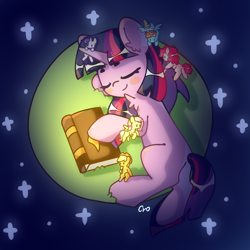 Size: 4724x4724 | Tagged: safe, artist:cro, applejack, fluttershy, pinkie pie, rainbow dash, rarity, twilight sparkle, earth pony, pegasus, pony, unicorn, g4, book, cute, eyes closed, lying down, mane six, sleeping, tiny, tiny ponies, unicorn twilight