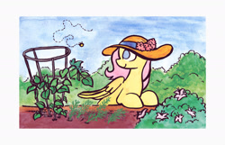 Size: 1920x1237 | Tagged: safe, artist:horsewizardart, artist:manicpanda, fluttershy, bee, insect, pegasus, pony, g4, collaboration, female, flower, hat, mare, no pupils, solo, sun hat, turned head