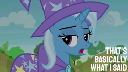 Size: 1920x1080 | Tagged: safe, edit, edited screencap, editor:quoterific, screencap, trixie, pony, unicorn, g4, to change a changeling, cape, clothes, female, hat, looking back, mare, open mouth, solo, trixie is not amused, trixie's brooch, trixie's cape, trixie's hat, unamused