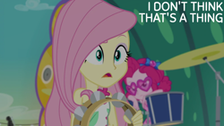 Size: 1920x1080 | Tagged: safe, edit, edited screencap, editor:quoterific, screencap, fluttershy, pinkie pie, human, equestria girls, equestria girls specials, g4, my little pony equestria girls: better together, my little pony equestria girls: spring breakdown, bow, confused, cymbals, drum kit, drums, duo, duo female, female, frown, glasses, hair bow, heart shaped glasses, lidded eyes, musical instrument, open mouth, pinkie pie is not amused, reaction image, solo focus, sunglasses, tambourine, unamused