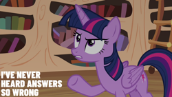 Size: 1920x1080 | Tagged: safe, edit, edited screencap, editor:quoterific, screencap, twilight sparkle, alicorn, pony, g4, testing testing 1-2-3, book, bookshelf, disappointed, female, golden oaks library, gritted teeth, ladder, looking up, mare, reaction image, solo, teeth, twilight sparkle (alicorn), twilight sparkle is not amused, unamused