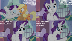 Size: 4400x2475 | Tagged: safe, edit, edited screencap, editor:quoterific, screencap, applejack, rarity, earth pony, pony, unicorn, g4, spike at your service, applejack's hat, cowboy hat, duo, duo female, eyes closed, eyeshadow, female, freckles, frown, grin, hat, hatless, hoof around neck, makeup, mare, missing accessory, open mouth, smiling