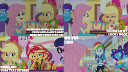 Size: 4400x2475 | Tagged: safe, edit, edited screencap, editor:quoterific, screencap, applejack, fluttershy, pinkie pie, rainbow dash, rarity, sci-twi, sunset shimmer, twilight sparkle, human, dashing through the mall, equestria girls, equestria girls specials, g4, my little pony equestria girls: better together, my little pony equestria girls: holidays unwrapped, applejack's hat, cowboy hat, drink, eyeshadow, female, forgetting, freckles, frown, glasses, grin, group, hat, humane five, humane seven, humane six, makeup, open mouth, open smile, present, smiling