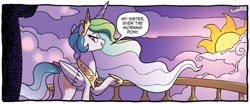 Size: 1334x554 | Tagged: safe, artist:tony fleecs, idw, princess celestia, alicorn, pony, g4, nightmare knights, spoiler:comic, spoiler:comicnightmareknights02, dialogue, female, implied princess luna, mare, solo, speech bubble, sunrise