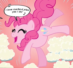 Size: 765x712 | Tagged: safe, artist:carla speed mcneil, idw, official comic, pinkie pie, earth pony, pony, friends forever #1, g4, my little pony: friends forever, spoiler:comic, dialogue, female, food, mare, pie, singing, solo, speech bubble