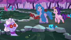 Size: 3072x1727 | Tagged: safe, screencap, elderberry blossom, izzy moonbow, pipp petals, pegasus, pony, unicorn, bridlewood spog, g5, my little pony: tell your tale, spoiler:g5, spoiler:my little pony: tell your tale, spoiler:tyts01e43, eyes closed, female, food, frown, high res, mare, smiling, tomato, trio, trio female