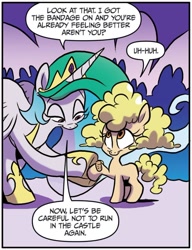 Size: 742x967 | Tagged: safe, artist:jay fosgitt, idw, princess celestia, alicorn, earth pony, pony, for the pony who has everything, g4, spoiler:comic, spoiler:comic50, bandage, cute, dialogue, duo, female, filly, foal, mare, momlestia, speech bubble, sweet dreams fuel, unnamed character, unnamed pony, wholesome