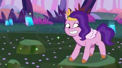 Size: 3072x1727 | Tagged: safe, screencap, pipp petals, pegasus, pillbug, pony, bridlewood spog, g5, my little pony: tell your tale, spoiler:g5, spoiler:my little pony: tell your tale, spoiler:tyts01e43, female, grin, high res, mare, nervous, nervous smile, smiling, solo