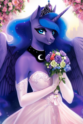 Size: 2816x4224 | Tagged: safe, ai assisted, ai content, edit, editor:epsilonwolf, generator:purplesmart.ai, generator:stable diffusion, prompter:epsilonwolf, princess luna, alicorn, anthro, g4, beautiful, bouquet of flowers, breasts, clothes, collar, crown, cute, day, dress, ethereal mane, eyebrows, eyelashes, eyeshadow, female, flower, flowing mane, garden, gloves, horn, jewelry, looking at you, loving gaze, lunabetes, majestic, makeup, marriage, outdoors, reasonably sized breasts, regalia, smiling, smiling at you, solo, spread wings, tiara, wedding, wedding dress, wings