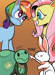 Size: 737x994 | Tagged: safe, artist:andy price, idw, angel bunny, fluttershy, rainbow dash, tank, pegasus, pony, rabbit, tortoise, g4, spoiler:comic, spoiler:guardians of harmony, animal, emanata, female, gradient background, group, male, mare, onomatopoeia, poking, quartet