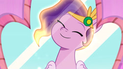 Size: 3072x1727 | Tagged: safe, screencap, pipp petals, pegasus, pony, bridlewood spog, g5, my little pony: tell your tale, spoiler:g5, spoiler:my little pony: tell your tale, spoiler:tyts01e43, eyes closed, female, glowing, glowing hair, high res, mare, smiling, solo