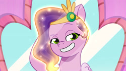 Size: 3072x1727 | Tagged: safe, screencap, pipp petals, pegasus, pony, bridlewood spog, g5, my little pony: tell your tale, spoiler:g5, spoiler:my little pony: tell your tale, spoiler:tyts01e43, adorapipp, cute, eyebrows, female, glowing, glowing hair, grin, high res, mare, raised eyebrow, smiling, solo
