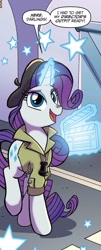 Size: 541x1334 | Tagged: safe, artist:tony fleecs, idw, rarity, pony, unicorn, g4, spoiler:comic, spoiler:comic66, beret, clothes, female, glowing, glowing horn, hat, horn, levitation, magic, mare, shirt, solo, telekinesis