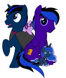 Size: 2139x2552 | Tagged: safe, artist:jennieoo, artist:rd4590, edit, princess luna, twilight sparkle, oc, oc:midnight star, oc:party time mentats, alicorn, pegasus, pony, unicorn, 2023 community collab, derpibooru community collaboration, g4, duo, gay, high res, horn, luna plushie, male, pegasus oc, plushie, simple background, transparent background, twilight sparkle (alicorn), twilight sparkle plushie, unicorn oc