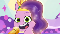 Size: 3072x1727 | Tagged: safe, screencap, pipp petals, pegasus, pony, bridlewood spog, g5, my little pony: tell your tale, spoiler:g5, spoiler:my little pony: tell your tale, spoiler:tyts01e43, eyebrows, female, glowing, glowing hair, high res, mare, microphone, open mouth, open smile, raised eyebrow, smiling, solo