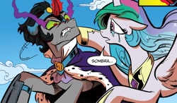 Size: 1288x750 | Tagged: safe, artist:andypriceart, idw, king sombra, princess celestia, alicorn, pony, unicorn, g4, reflections, spoiler:comic, spoiler:comic20, colored horn, corrupted, curved horn, dialogue, duo, female, former good king sombra, good king sombra, horn, male, mare, ship:celestibra, shipping, sombra eyes, sombra horn, speech bubble, stallion, straight, teary eyes