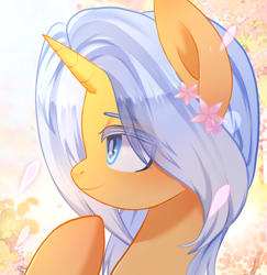 Size: 1884x1935 | Tagged: safe, artist:moocca, derpibooru exclusive, oc, oc:aurore soleilevant, pony, unicorn, avatar, flower, horn, orange coat, petal, smiling, solo, spring, unicorn oc