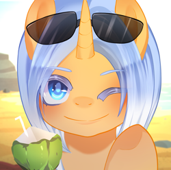 Size: 1873x1856 | Tagged: safe, artist:moocca, derpibooru exclusive, oc, oc:aurore soleilevant, pony, unicorn, avatar, beach, coconut, food, horn, looking at you, orange coat, smiling, solo, summer, sunglasses, unicorn oc