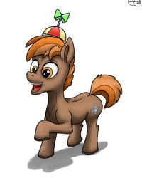 Size: 2124x2649 | Tagged: safe, artist:darkyboode32, button mash, earth pony, pony, g4, colt, foal, happy, hat, high res, male, open mouth, propeller hat, simple background, smiling, solo, spine, white background