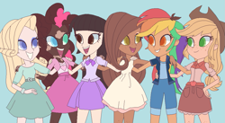 Size: 1023x560 | Tagged: safe, artist:cloudofalltrades, applejack, fluttershy, pinkie pie, rainbow dash, rarity, twilight sparkle, alicorn, human, equestria girls, g4, blue background, dark skin, freckles, humane five, humane six, humanized, light skin, moderate dark skin, pixel art, simple background, tan skin, twilight sparkle (alicorn), vitiligo