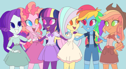 Size: 1023x560 | Tagged: safe, artist:cloudofalltrades, applejack, fluttershy, pinkie pie, rainbow dash, rarity, twilight sparkle, alicorn, human, equestria girls, g4, blue background, colored pupils, freckles, heterochromia, humane five, humane six, simple background, twilight sparkle (alicorn)