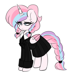 Size: 3000x3000 | Tagged: safe, artist:ladylullabystar, oc, oc only, oc:lullaby star, alicorn, pony, alicorn oc, braid, braided tail, clothes, cosplay, costume, dress, female, high res, horn, mare, simple background, solo, tail, transparent background, wednesday addams, wings