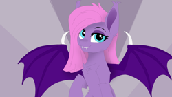 Size: 1920x1080 | Tagged: safe, artist:puginpocket, oc, oc only, oc:neytria nightblood, bat pony, bat pony oc, blue eyes, eyelashes, female, happy, looking at you, mare, pink mane, purple coat, purple wings, smiling, solo, wings