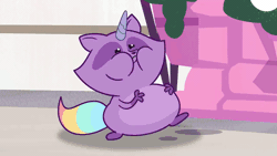Size: 1280x720 | Tagged: safe, screencap, izzy moonbow, pony, raccoon, raccoonicorn, unicorn, bridlewood spog, g5, my little pony: tell your tale, spoiler:tyts01e43, animated, bloated, bubble, burp, female, food baby, mare, pale belly, puffy cheeks, stuffed, stuffed belly, zoom out