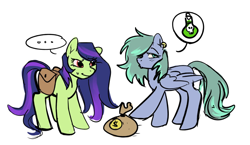 Size: 1280x744 | Tagged: safe, artist:taika403, oc, oc only, oc:adele, oc:dangling flask, earth pony, pegasus, pony, bag, cute, duo, ear piercing, earth pony oc, money, money bag, pegasus oc, piercing, poison, saddle bag, simple background, sweat, white background